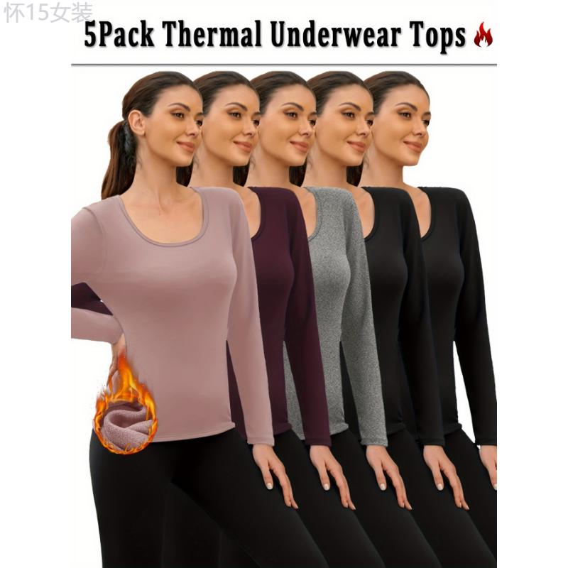 5-Pack Thermal Underwear Tops for Women - Super Soft Fleece, Long Sleeve, High Stretch Polyester Knit Fabric, Solid Color Base Layer for Cold Weather Womenswear Spandex Comfort Basic Minimalist