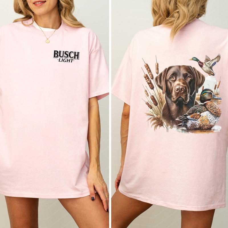 Busch Light Dog Friend Graphic 2 Sided Shirt, Vintage Mallard Hunting Tshirt, Outdoors Dog Hunting Duck T-shirt, Drink Shirt, Summer Hunt Printed Tee, Cotton Casual Womenswear, Comfort Women's Top