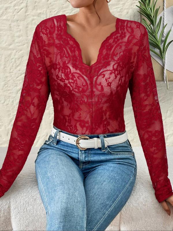 Women's Sheer Floral Lace Cover Up Top, Elegant Scallop Trim Long Sleeve V Neck Top for Party Holiday Vacation, Ladies Clothes for All Seasons