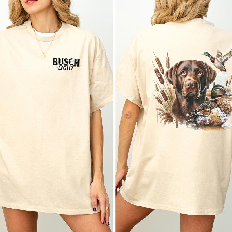 Busch Light Dog Friend Graphic 2 Sided Shirt, Vintage Mallard Hunting Tshirt, Outdoors Dog Hunting Duck T-shirt, Drink Shirt, Summer Hunt Printed Tee, Cotton Casual Womenswear, Comfort Women's Top