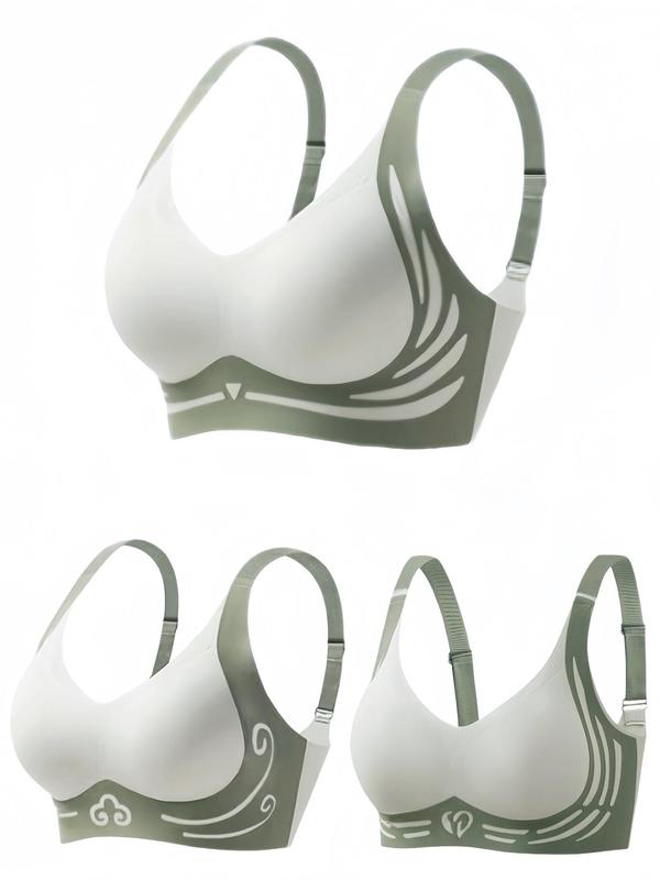 Women's Colorblock Print Wireless Bra, Adjustable Strap Push Up Bra, Soft Comfortable Breathable Lingerie for All Seasons