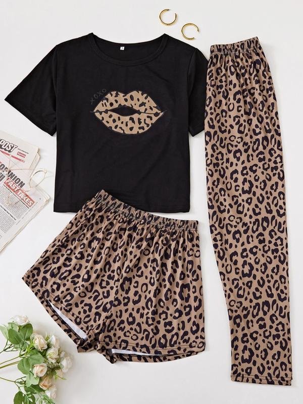 Three-Piece Set Women's Leopard Print Short Sleeve Tee & Elastic Waist Shorts & Pants Pyjama Set, Casual Comfy Round Neck T-shirt & Shorts & Trousers PJ Set, Ladies Sleepwear for All Seasons