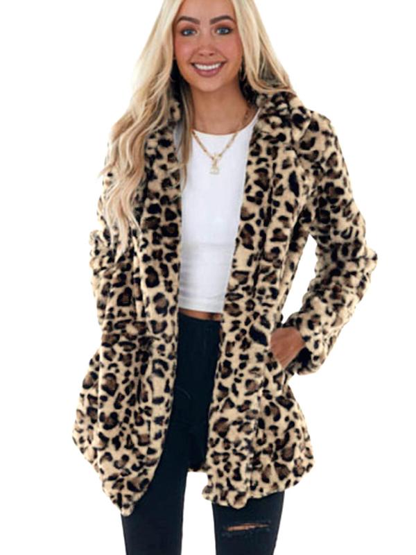 Women's Leopard Print Pocket Lapel Fuzzy Jacket, Casual Long Sleeve Thermal Outerwear for Fall & Winter, Women's Clothing for Daily Wear