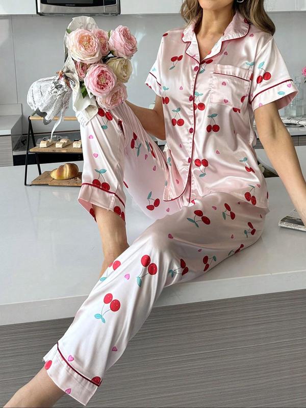 Two-Piece Set Women's Cherry Print Lapel Neck Pocket Shirt & Pants Satin Pyjama, Casual Comfy Short Sleeve Button Up Top & Trousers PJ Set, Ladies Sleepwear for All Seasons