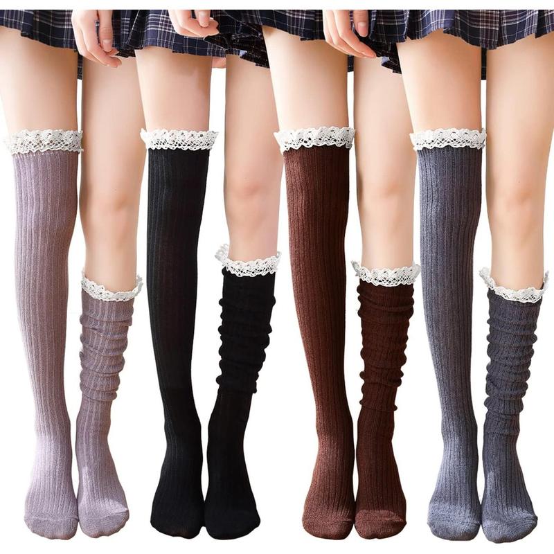 4 Pack Women Cotton Knit Boot Socks Knee High Socks Stockings with Lace Trim, Free Size, Beige Black Coffee Green