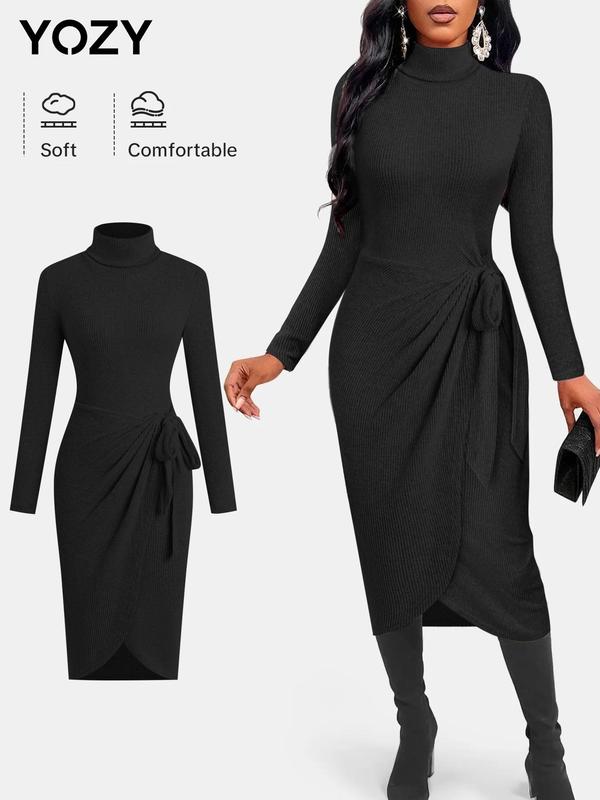 YOZY Women's Solid Color Tie Front Wrap Bodycon Dress, Casual Long Sleeve Turtle Neck Dress for Fall & Winter, Women's Clothing for Daily Wear