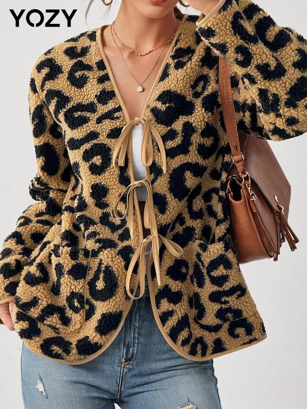 YOZY Women's Leopard Print Tie Front Pocket Fuzzy Jacket, Casual Long Sleeve V Neck Outerwear for Daily Wear, Ladies Clothes for All Seasons