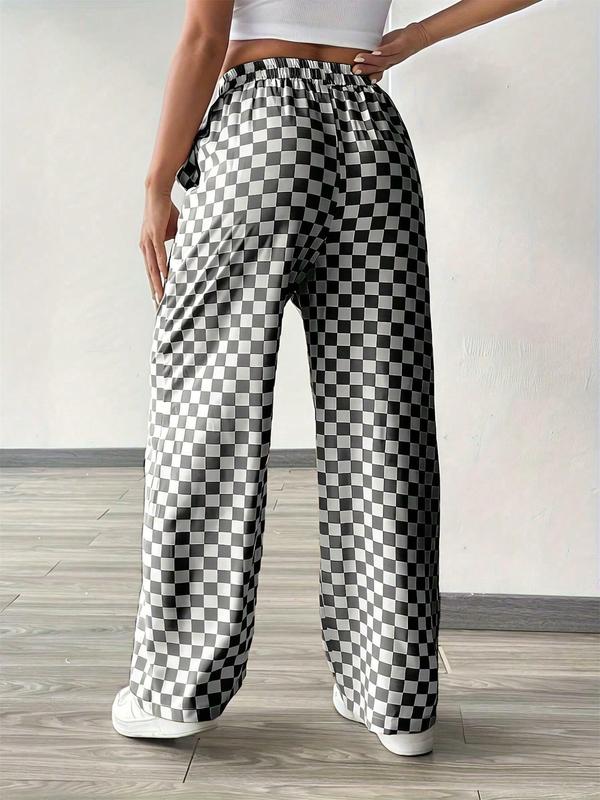 Women's Plaid Print Drawstring Waist Straight Leg Pants, Casual Loose Pocket Trousers for Daily Wear, Ladies Bottoms for Fall & Winter, Downtown Girl Clothes, Preppy 80s Clothes