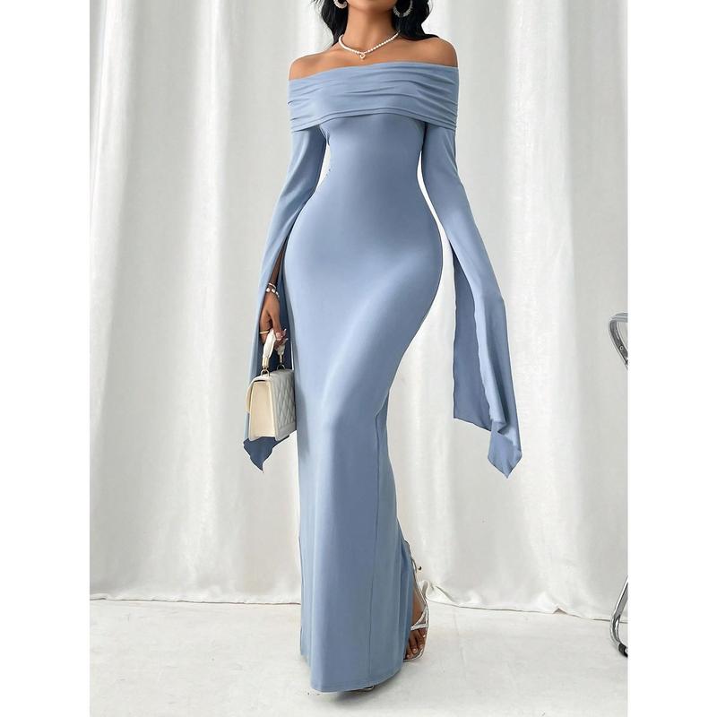 Women's Off-The-Shoulder Pleated Long Sleeve Maxi Dress With Split Hem One Shoulder Women's One Fit Formal