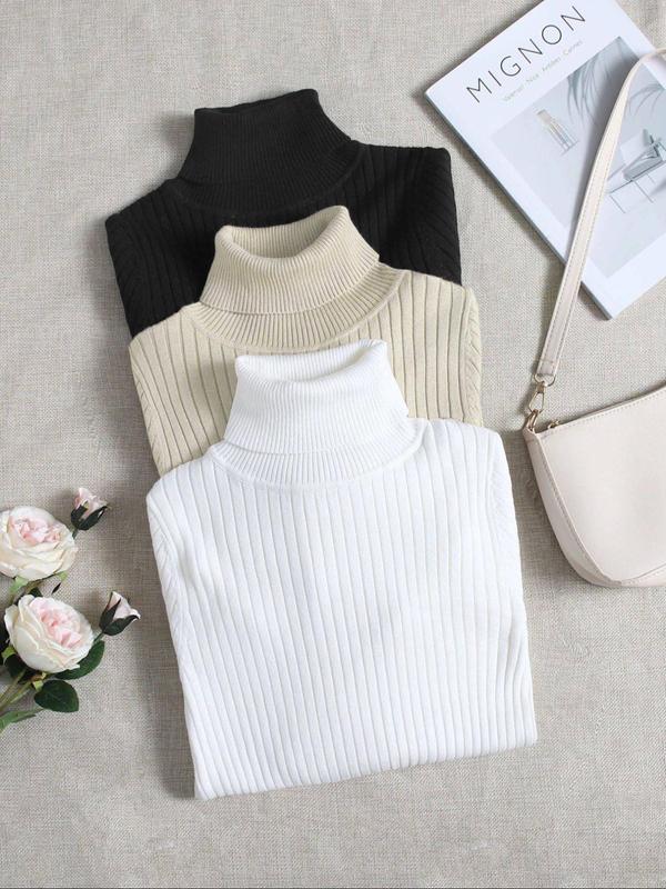 Women's Solid Turtle Neck Sweater, Casual Long Sleeve Jumper for Fall & Winter, Women's Knitwear for Daily Wear