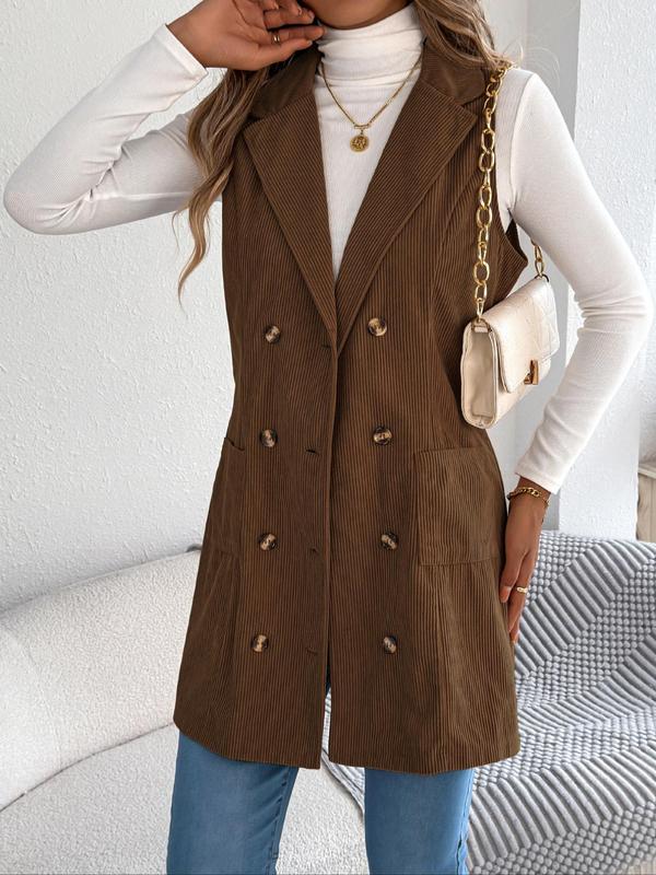 Women's Solid Double Button Pocket Corduroy Vest Coat, Casual Lapel Neck Sleeveless Outerwear for Spring & Fall, Ladies Clothes for Daily Wear