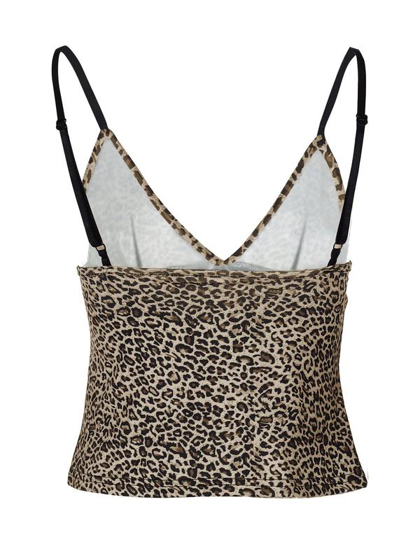 Women's Leopard Print Letter Decor Cami Top, Casual 2000s Y2K Backless Deep V Neck Camisole, Summer Clothes Women