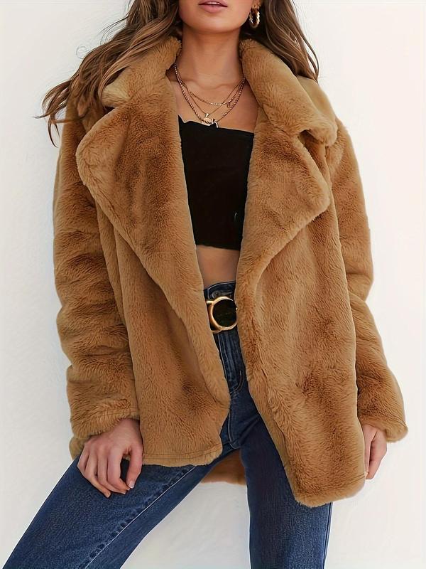 Women's Solid Color Waterfall Collar Coat, Casual Long Sleeve Fuzzy Coat for Fall & Winter, Women's Clothing for Daily Wear