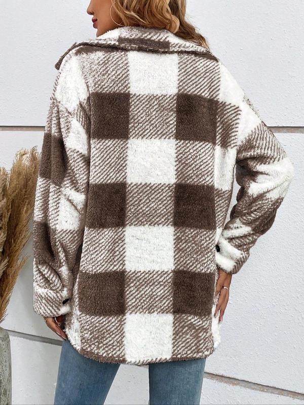 Women's Plaid Print Button Front Fuzzy Coat, Casual Drop Shoulder Long Sleeve Collared Outerwear for Fall & Winter, Ladies Clothes for Daily Wear, Preppy 80s Clothes