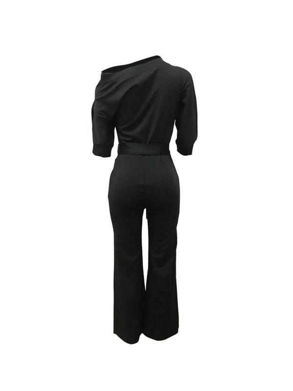 Women's Solid One Shoulder Tie Front High Waist Wide Leg Jumpsuit, Summer Clothes Women, Casual Elegant Half Sleeve Jumpsuit for Summer, Women's One-piece Clothing for Daily Wear