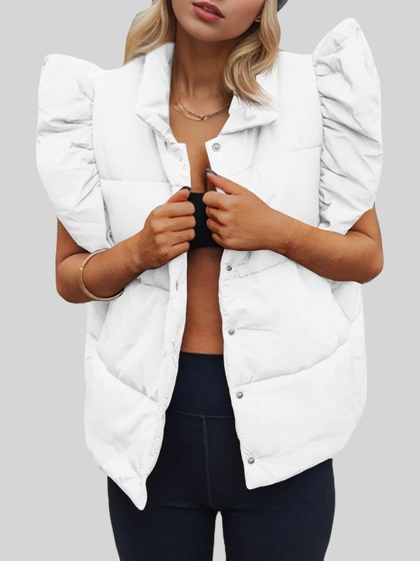 Women's Solid Ruffle Trim Button Front Puffer Vest Coat, Casual Pocket Design Sleeveless Outerwear for Fall & Winter, Women's Clothing for Daily Wear