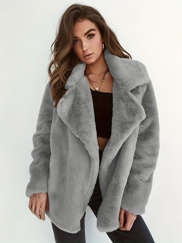 Women's Solid Color Waterfall Collar Coat, Casual Long Sleeve Fuzzy Coat for Fall & Winter, Women's Clothing for Daily Wear