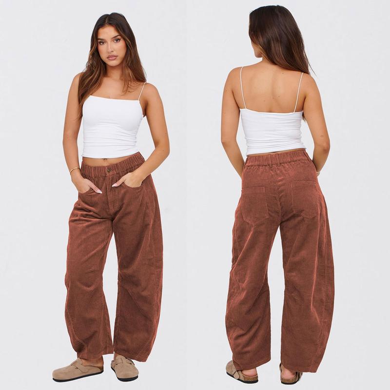 Tanming Women's Corduroy Pants Barrel Mid-Rise Elastic Waist Cord Pants Casual Wide Leg Baggy Trouser with Pockets