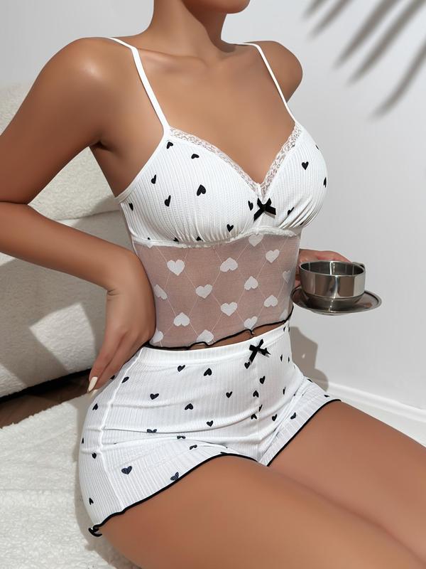 2 Piece Set Women's Heart Print Bow Decor Cami Top & Lettuce Trim Shorts Matching Pajama Set, Summer Clothes Women, Contrast Mesh Sheer Camisole & Shorts Pj Set, Soft Comfort Pjs, Women's Loungewear Sleepwear Co-ord Set for All Seasons, Womenswear