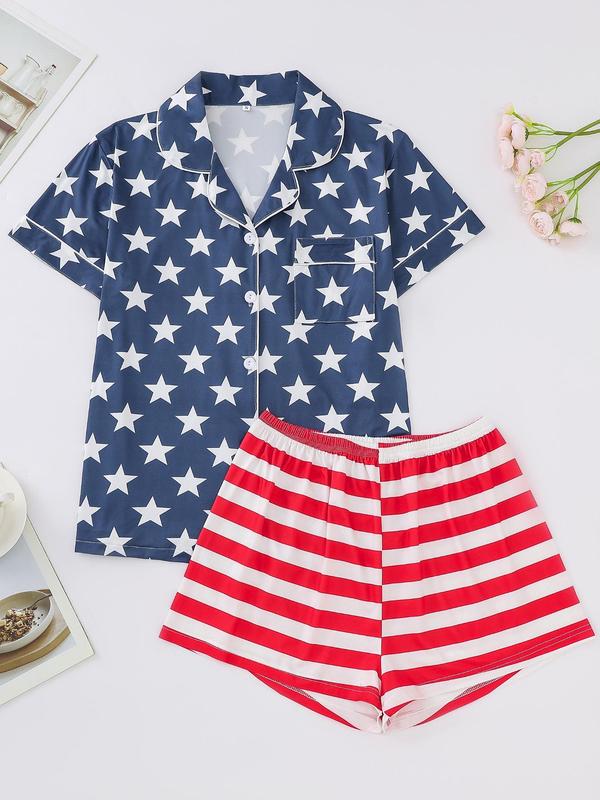 Two-Piece Set LGBTQ+ Women's All Over American Flag Print Pyjama Set, Chic Lapel Neck Button Pocket Shirt & Elastic Waist Shorts, Back To School Summer PJ Sets for Women, Pajama Sets Women, USA Independence Day Sleepwear