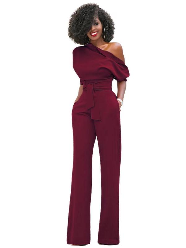 Women's Solid One Shoulder Tie Front High Waist Wide Leg Jumpsuit, Summer Clothes Women, Casual Elegant Half Sleeve Jumpsuit for Summer, Women's One-piece Clothing for Daily Wear