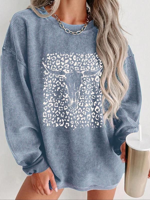 Women's Leopard & Bull Head Print Drop Shoulder Sweatshirt, Casual Long Sleeve Round Neck Pullover for Daily Wear, Ladies Clothes for All Seasons