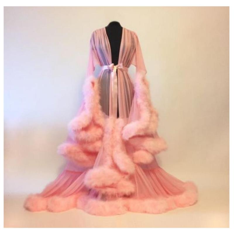 Women Long Sleeve Plush Robe Luxury Kimono See Through Extra Long Babydoll Nightgown Dress