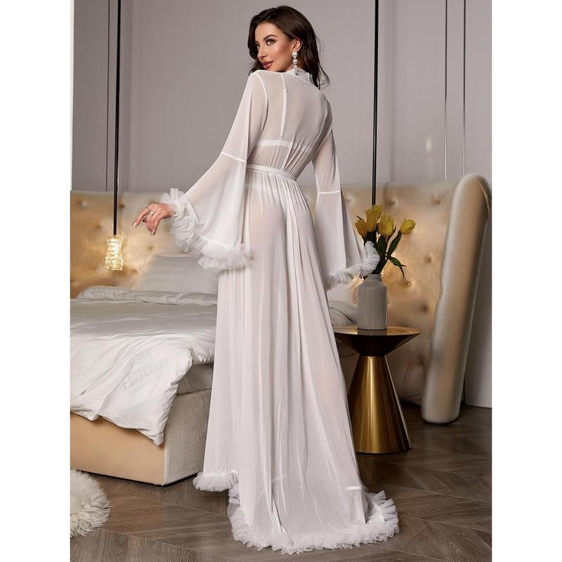 Ruffle Trim Long Sleeve Belted Sheer Mesh Wedding Bride Robe Nightgown house robe Womenswear Loungewear