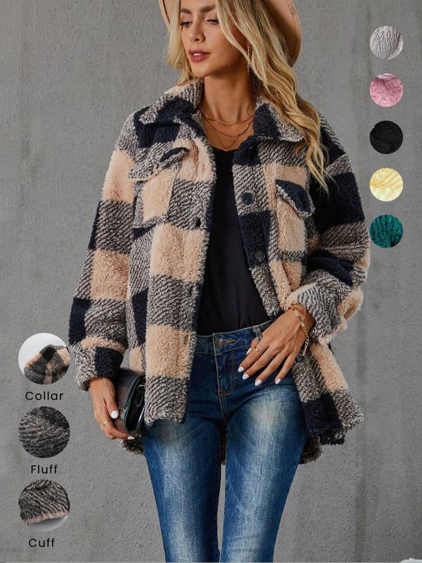 Women's Plaid Print Button Front Fuzzy Coat, Casual Drop Shoulder Long Sleeve Collared Outerwear for Fall & Winter, Ladies Clothes for Daily Wear, Preppy 80s Clothes