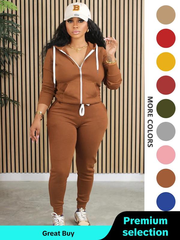 Two-Piece Set Women's Solid Zip Up Hoodie & Drawstring Waist Pants, Casual Long Sleeve Hooded Sweatshirts & Pocket Trousers for Spring & Fall, Women's Clothes for Daily Wear, Sweatsuit Set Outfit, Fall Outfits for Women