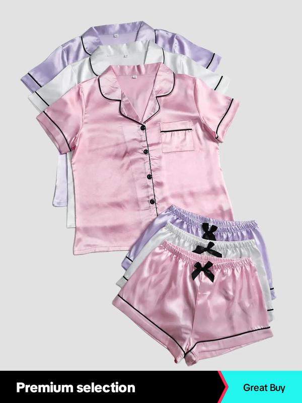 6 Piece Set Women's Contrast Binding Satin Pyjama Set, Casual Pocket Shirt & Bow Decor Shorts Set, Comfortable Sleepwear Set for Women