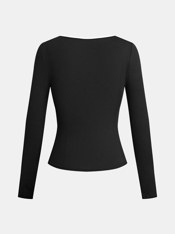 Yozy Contrast Binding V Neck Tee, Elegant Slim-fitting Long Sleeve T-shirt, 2024 Women's Daily Wear for Spring & Fall, Thanksgiving Clothes, Tiktok Shop Black Friday, Black Friday Haul Top  Longsleeves