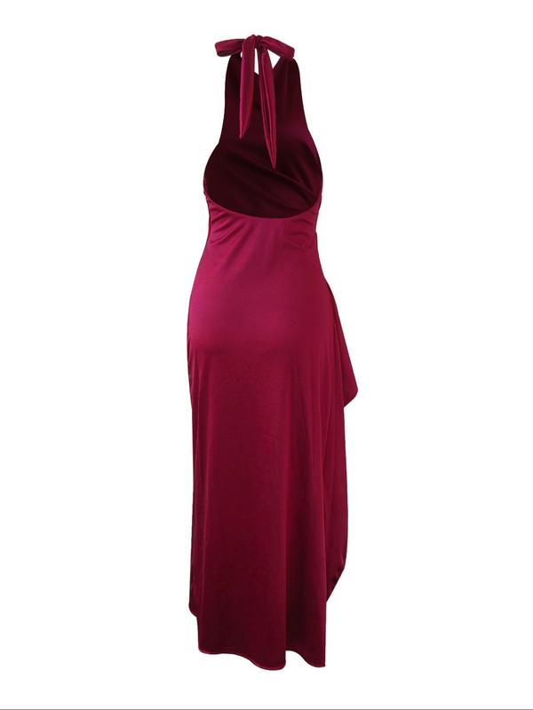 Women's Plain Ruched Backless Split Thigh Satin Halter Dress, Elegant Sleeveless Tie Back Long Dress for Evening Party , Ladies Clothes for All Seasons