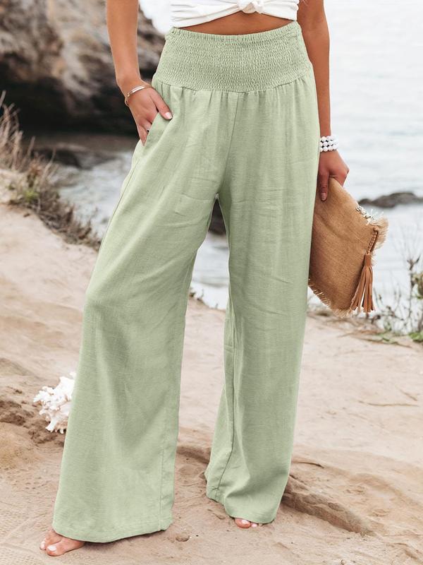 Women's Plain Pocket Shirred Wide Leg Pants, Casual Elastic Waist Trousers for Beach Vacation Holiday, Ladies Bottoms for All Seasons