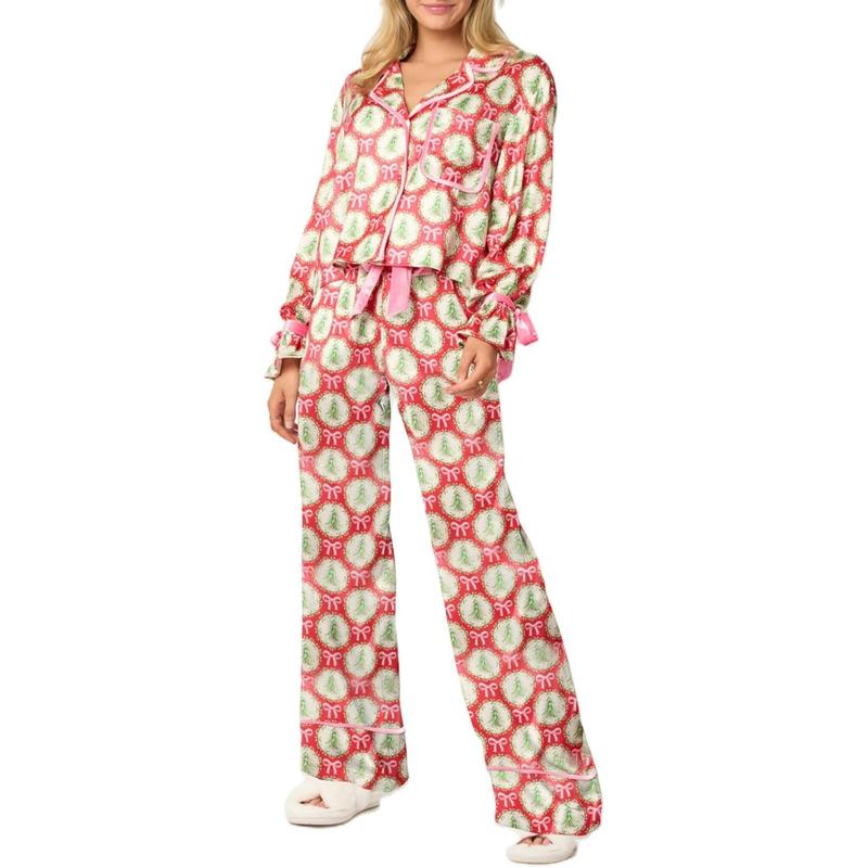 Women's Christmas Pajamas Bow Tie Long Sleeve Shirt Long Pants Printed Pajama Set Satin Silk Funny Pattern Two Piece Pajama Shirt Pajama Pant Set