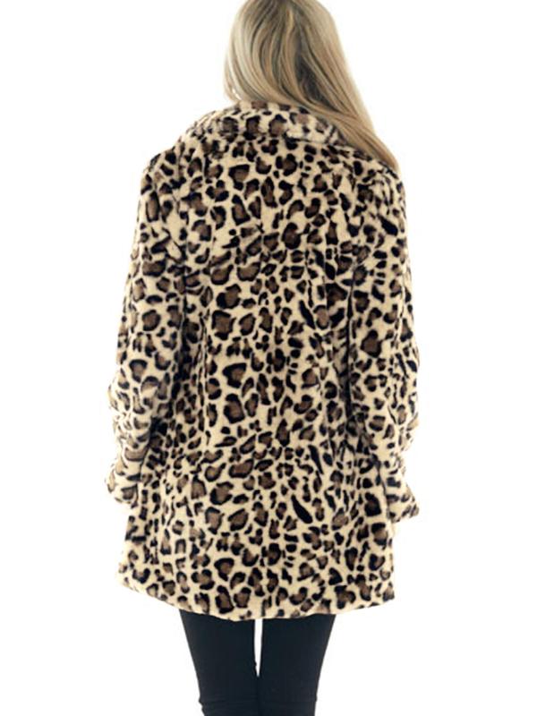 Women's Leopard Print Pocket Lapel Fuzzy Jacket, Casual Long Sleeve Thermal Outerwear for Fall & Winter, Women's Clothing for Daily Wear