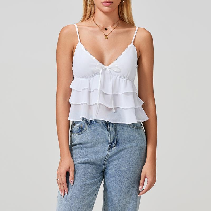 Women's Y2K Ruffle Low Cut Camisole Vest Spaghetti Strap Bow Trim Backless Crop Tops Going Out Streetwear