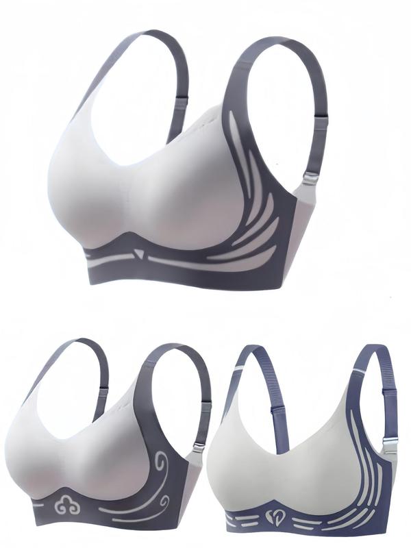 Women's Colorblock Print Wireless Bra, Adjustable Strap Push Up Bra, Soft Comfortable Breathable Lingerie for All Seasons