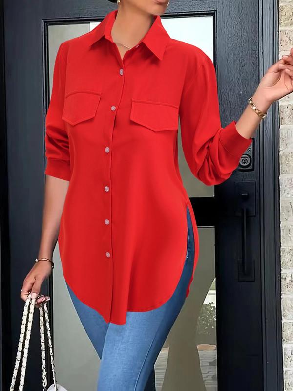 Women's Plain Button Front Pocket Shirt, Casual Long Sleeve Collared Top for Daily Wear, Shirts for Women, Ladies Clothes for All Seasons