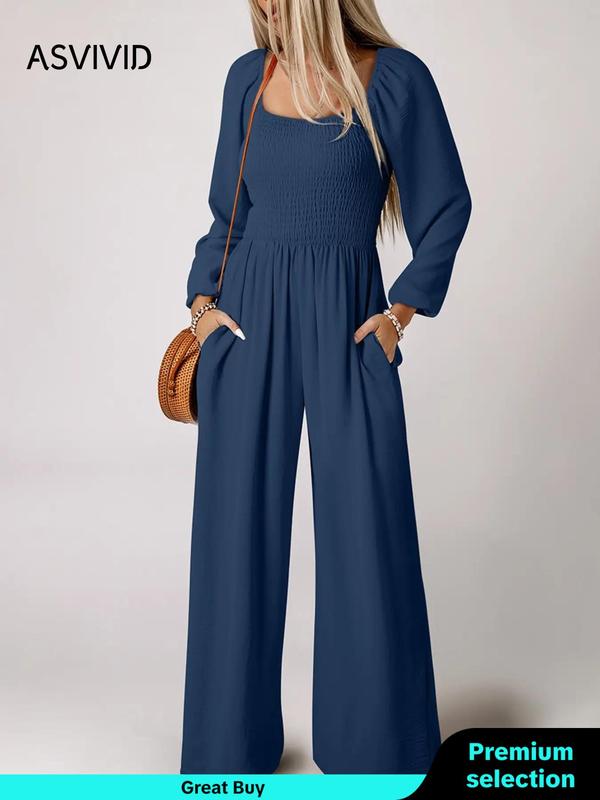 Women's Plain Ruched Shirred Pocket Wide Leg Jumpsuit, Casual Bishop Sleeves Square Neckline Jumpsuit for Fall, Ladies Clothes for Daily Wear