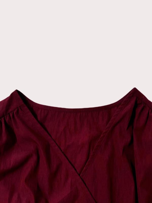  Solid Wrap Shirred V Neck Blouse, Casual Bishop Sleeve Top for Fall & Winter, Women's Clothes for Daily Wear