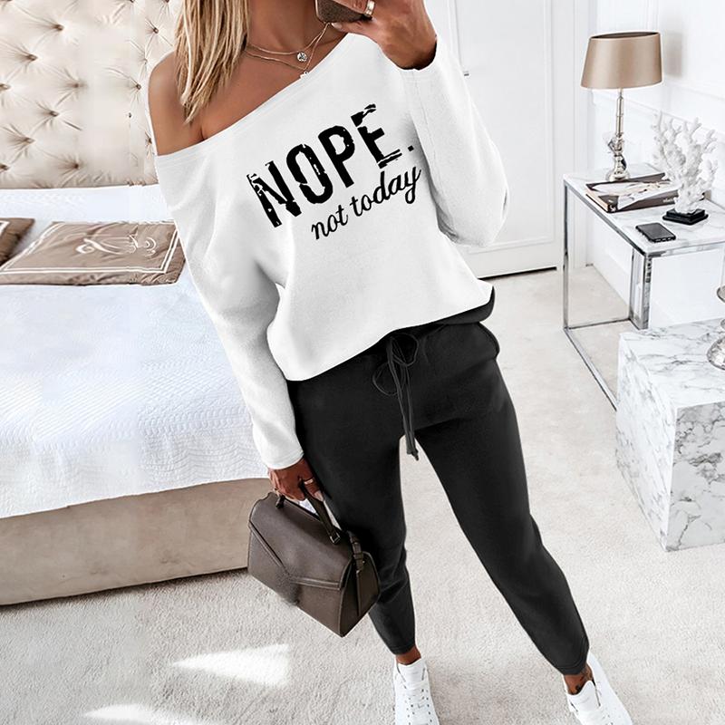 ChicMe Women's 2 Piece Outfit Nope Not Today Print Skew Neck Long Sleeve Pullover Top with Stretchy Waist Long Pants Tracksuit Jogger Set Casual Fabric Womenswear Casual Wear Comfortable Drawstring Comfort Lady Overalls Trouser Round Neck