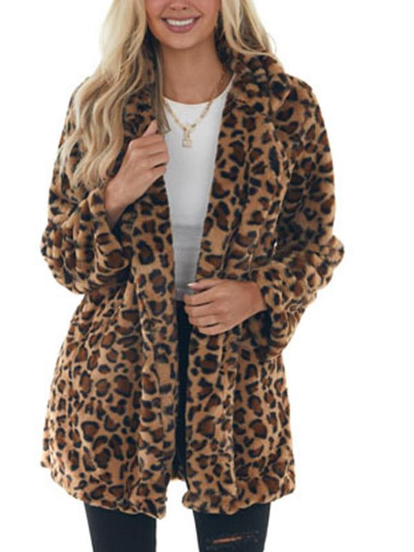 Women's Leopard Print Pocket Lapel Fuzzy Jacket, Casual Long Sleeve Thermal Outerwear for Fall & Winter, Women's Clothing for Daily Wear