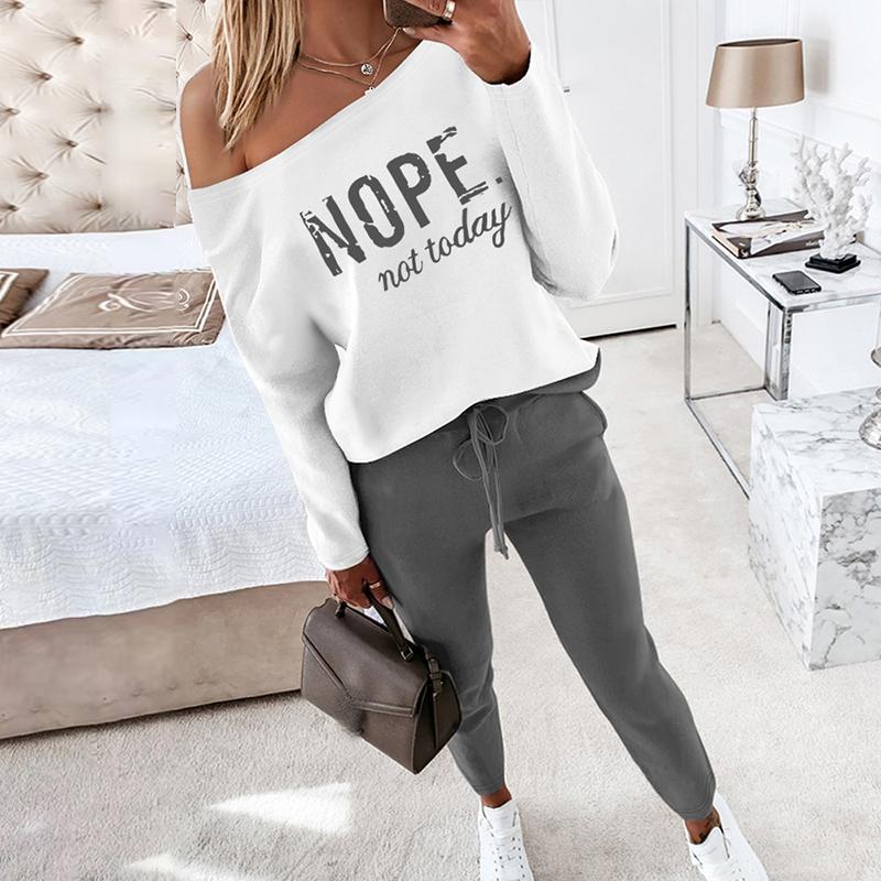 ChicMe Women's 2 Piece Outfit Nope Not Today Print Skew Neck Long Sleeve Pullover Top with Stretchy Waist Long Pants Tracksuit Jogger Set Casual Fabric Womenswear Casual Wear Comfortable Drawstring Comfort Lady Overalls Trouser Round Neck