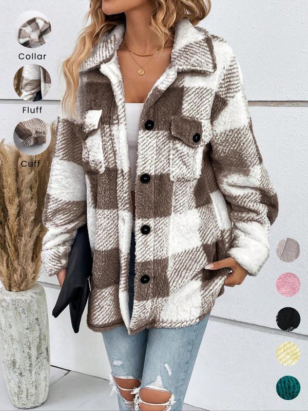 Women's Plaid Print Button Front Fuzzy Coat, Casual Drop Shoulder Long Sleeve Collared Outerwear for Fall & Winter, Ladies Clothes for Daily Wear, Preppy 80s Clothes