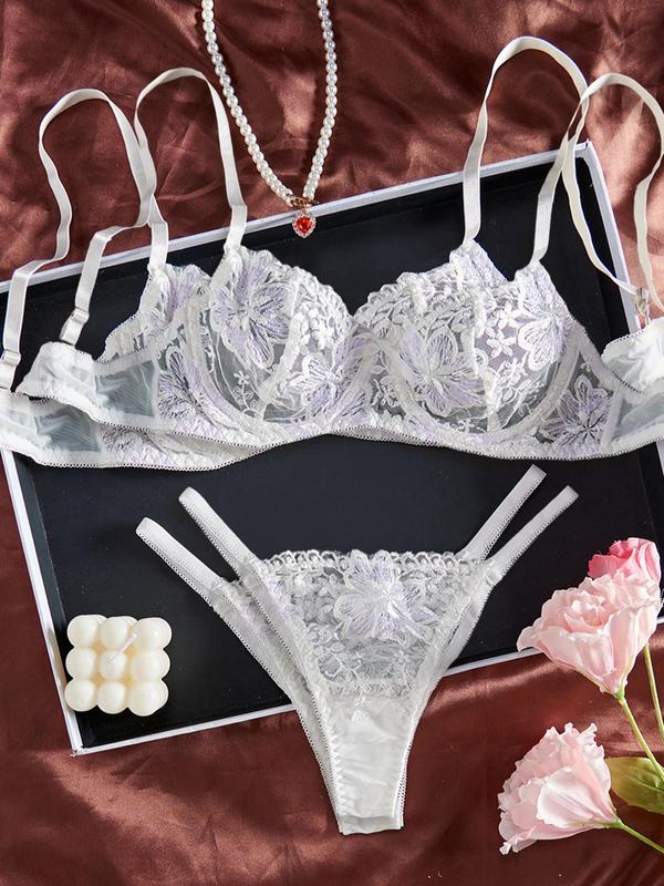 Women's Plain Floral Embroidery Lace Bra & Thong Sexy Lingerie Set, Sexy Comfy Breathable Underwear Set for Daily Wear, Women's Underwear for All Seasons