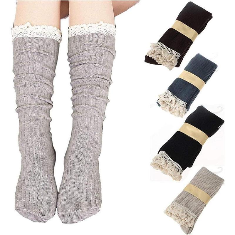 4 Pack Women Cotton Knit Boot Socks Knee High Socks Stockings with Lace Trim, Free Size, Beige Black Coffee Green