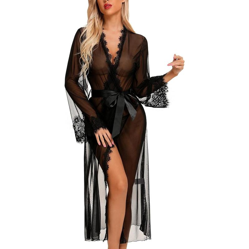 Women's Sexy Lingerie Long Lace Kimono Robe Mesh Chemise Lace Robe Swimsuit Cover Up, Skin-friendly and Breathable