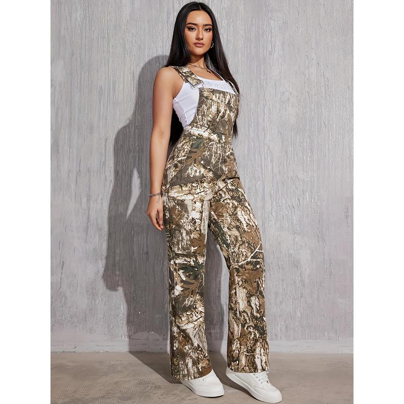 Women's Camouflage Print Denim Overalls, Fashion Denim Jumpsuit With Pockets, Sleeveless, Casual Style