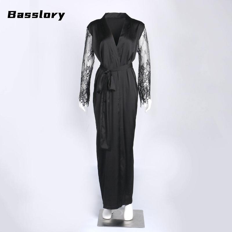 Women's Lace Casual Robe, Sexy V-neck Pajamas, Long See Through Sleeve Nightwear Long Sleeve Elegant